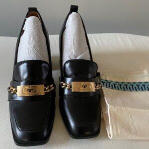 Tory Burch Loafers Chain Heel Black Pumps Logo Leather Shoes Sz 8
